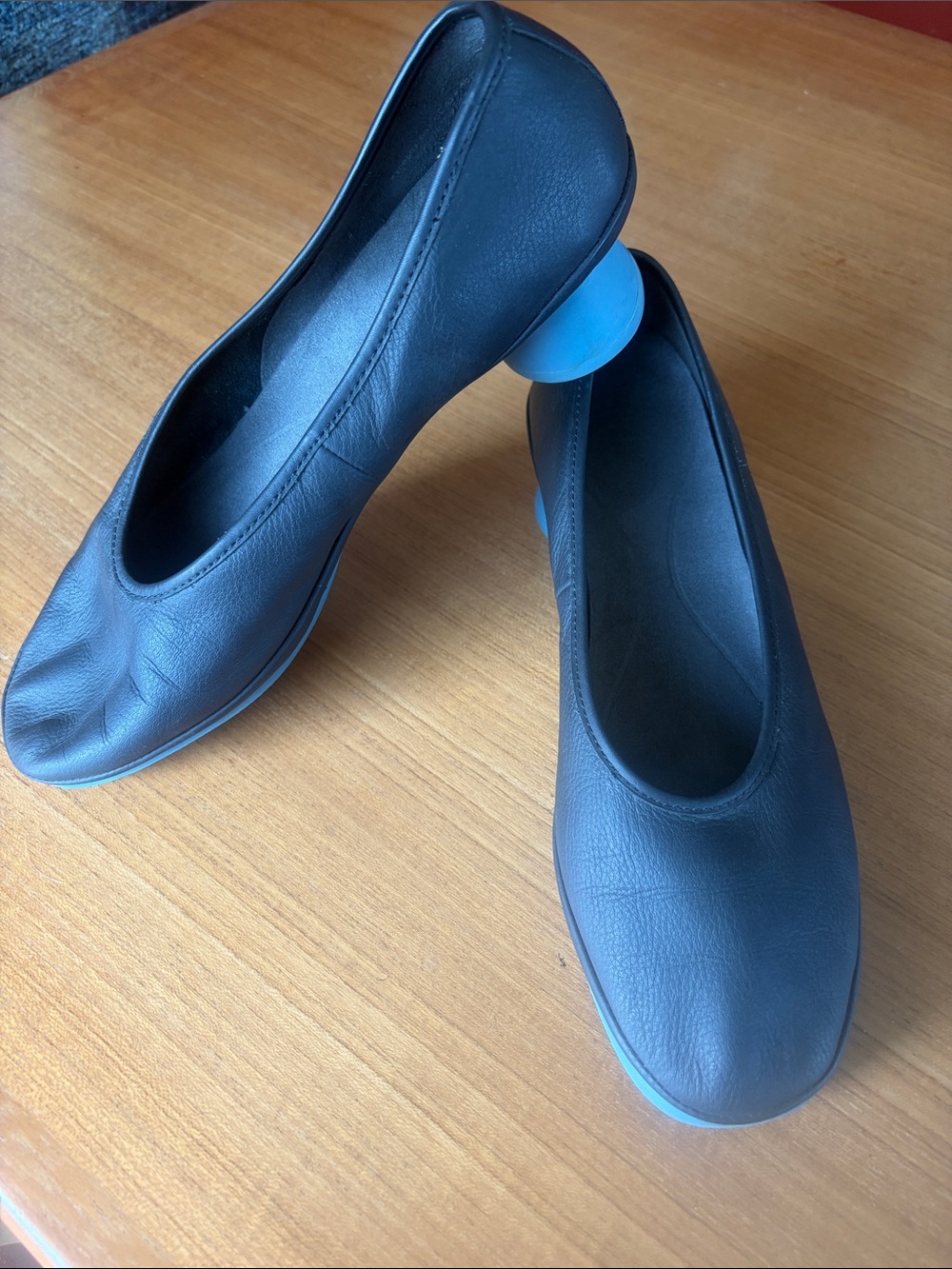 Camper Navy Leather Ballet foot with Baby Blue Sole and heel